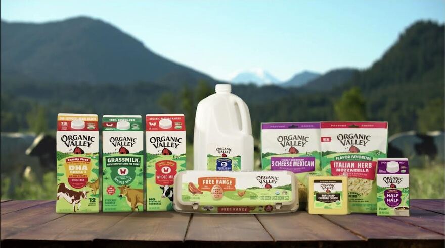 Organic Valley product lineup on a table, mountains behind