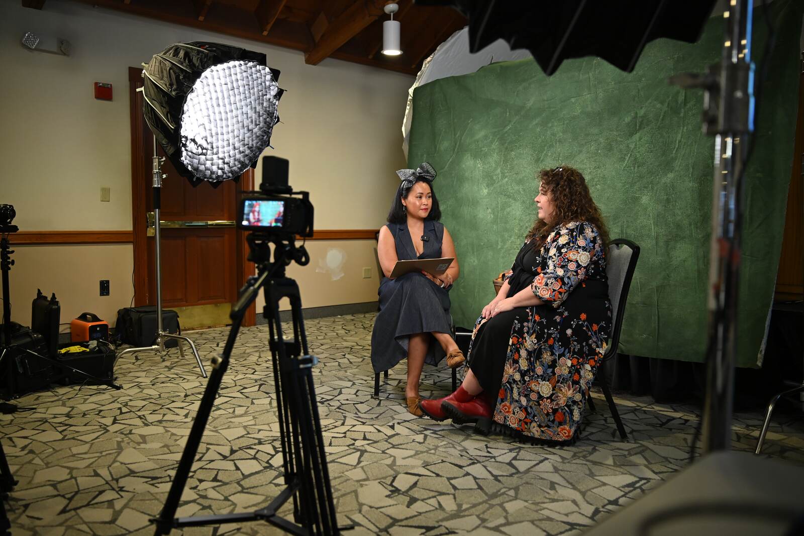 Lights and camera around the interview set